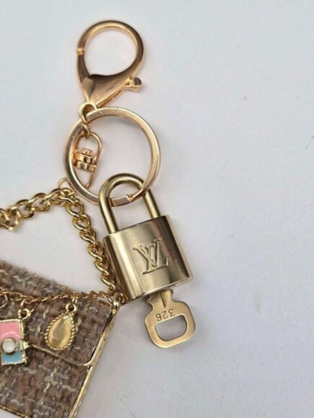 Authentic Louis Vuitton Padlock & Key Gold ✨Unbranded Tweed Bag Charm Keychain - Picture 5 of 10